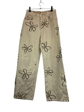 SHEIN Cream and brown Floral Wide Leg Jeans